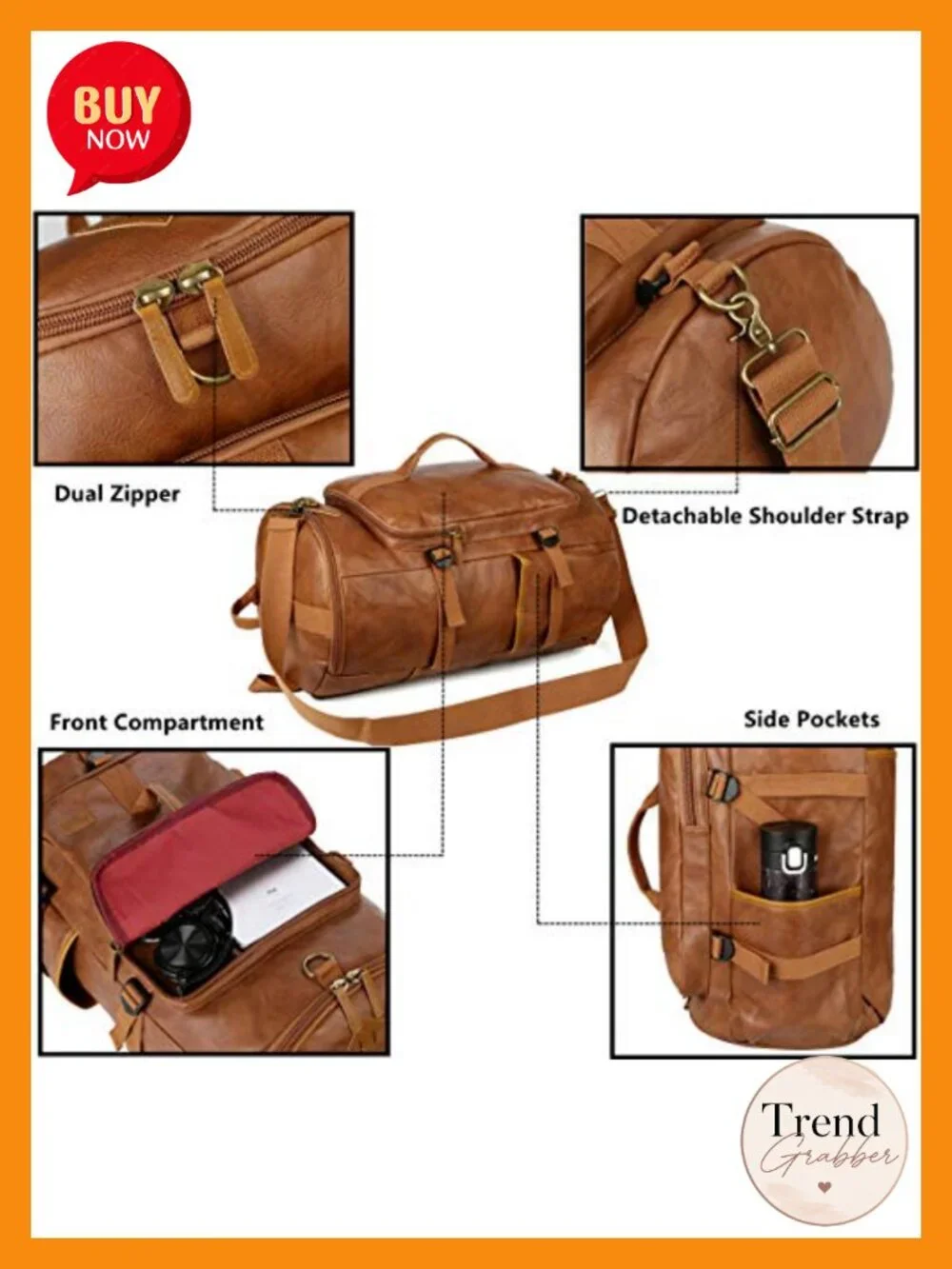 Convertible Vegan Leather Weekender Duffel Travel Backpack Overnight Bag